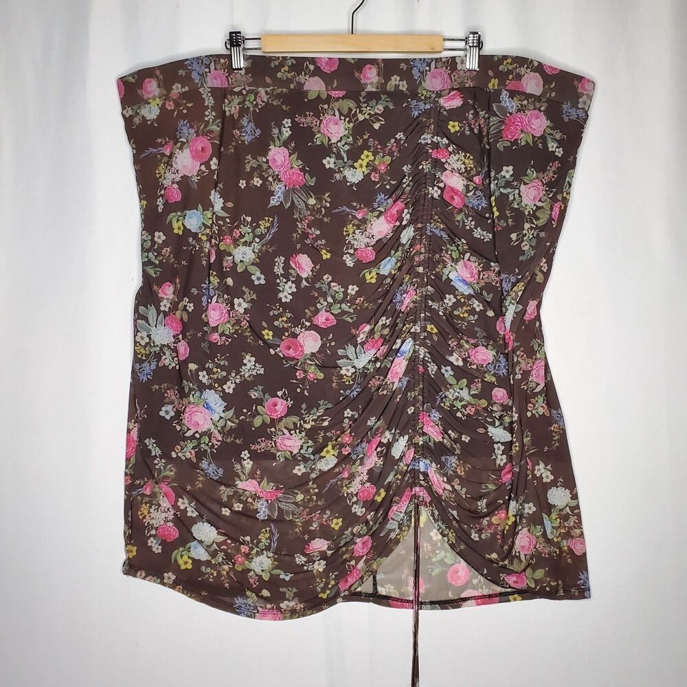 Torrid Skirt 6X Brown Floral Mesh Lined Stretch Drawstring Cinched Midi‎ Pull-On